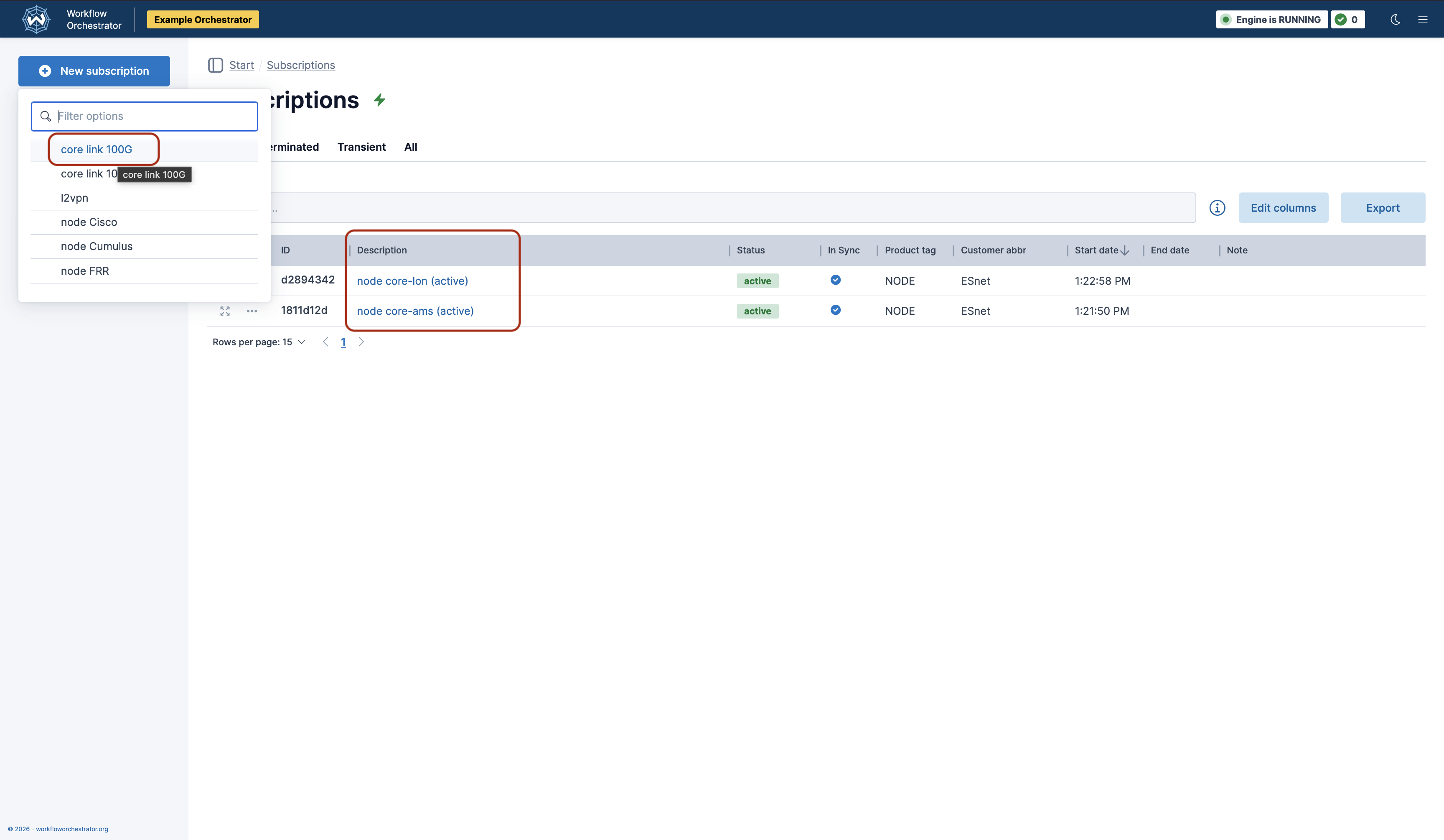 Create Core Link dropdown